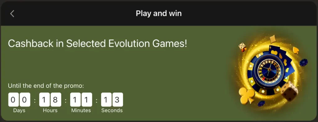 Cashback in Selected Evolution Games